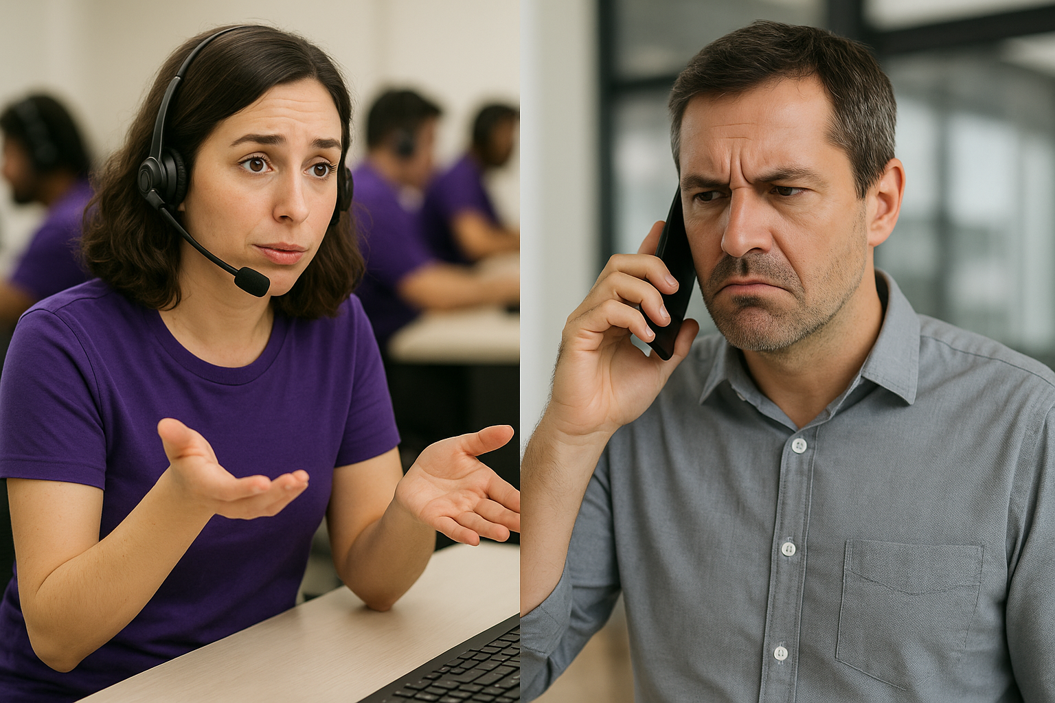 imagem de uma atendente de telemarketing conversando com o um cliente e ele decepcionado do outro lado da linha.